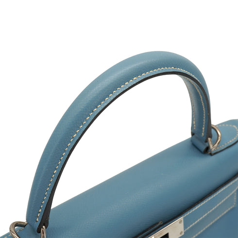 HERMES KELLY 28 RETOURNE BLUE JEAN VEAU EPSOM 2008 SQUARE L PALLADIUM HARDWARE 90341429
