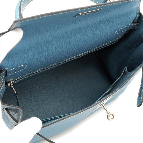HERMES KELLY 28 RETOURNE BLUE JEAN VEAU EPSOM 2008 SQUARE L PALLADIUM HARDWARE 90341429