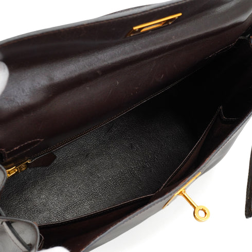 HERMES KELLY 28 RETOURNE CHOCOLAT BOXCALF HAND SHOULDER BAG 1993 CIRCLE W GOLD HARDWARE 90344349