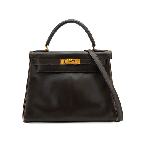 HERMES KELLY 28 RETOURNE CHOCOLAT BOXCALF HAND SHOULDER BAG 1993 CIRCLE W GOLD HARDWARE 90344349