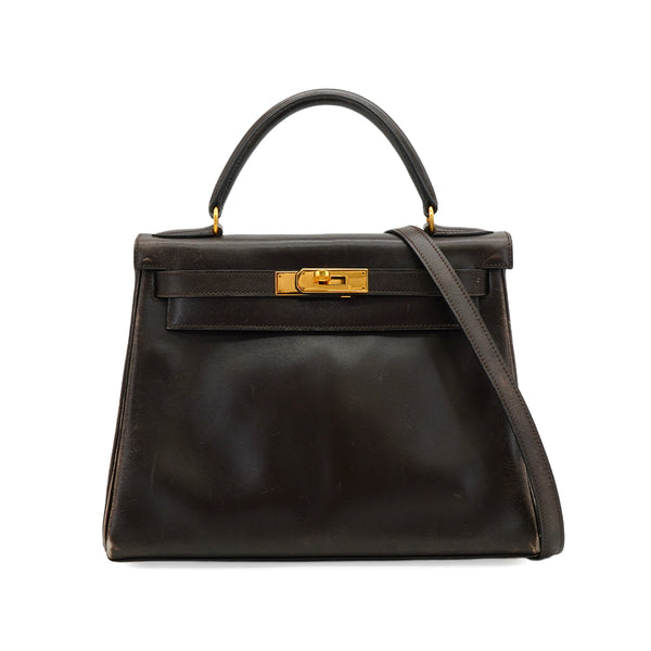 HERMES KELLY 28 RETOURNE CHOCOLAT BOXCALF HAND SHOULDER BAG 1993 CIRCLE W GOLD HARDWARE 90344349