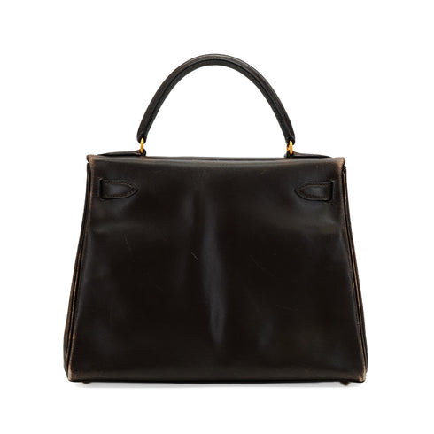 HERMES KELLY 28 RETOURNE CHOCOLAT BOXCALF HAND SHOULDER BAG 1993 CIRCLE W GOLD HARDWARE 90344349