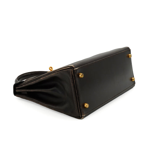 HERMES KELLY 28 RETOURNE CHOCOLAT BOXCALF HAND SHOULDER BAG 1993 CIRCLE W GOLD HARDWARE 90344349