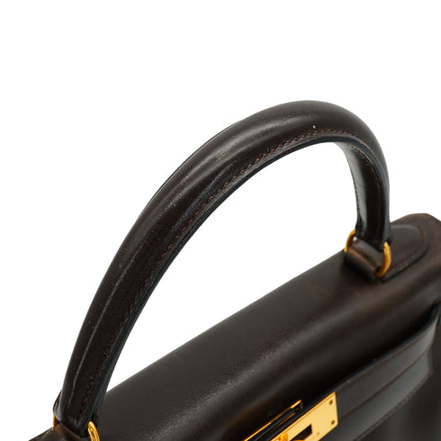HERMES KELLY 28 RETOURNE CHOCOLAT BOXCALF HAND SHOULDER BAG 1993 CIRCLE W GOLD HARDWARE 90344349