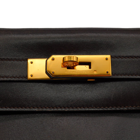 HERMES KELLY 28 RETOURNE CHOCOLAT BOXCALF HAND SHOULDER BAG 1993 CIRCLE W GOLD HARDWARE 90344349