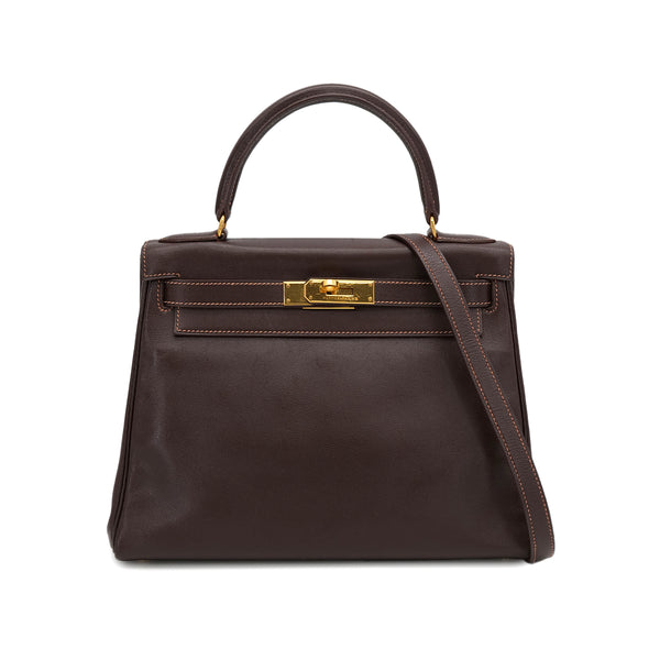 HERMES KELLY 28 RETOURNE CHOCOLAT VEAU GULLIVER HAND SHOULDER BAG 1996 CIRCLE Z GOLD HARDWARE 90313345