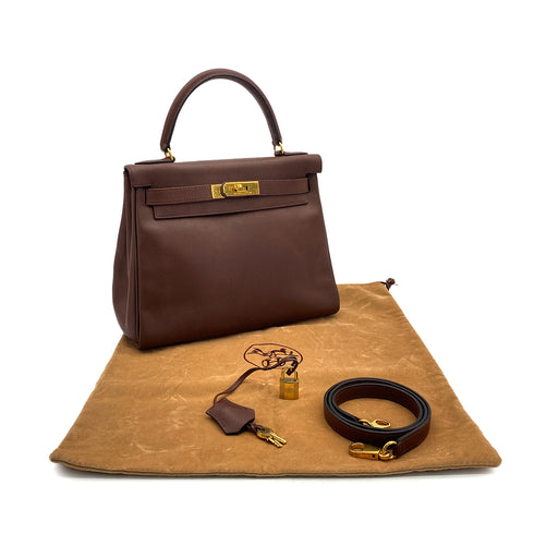 HERMES KELLY 28 RETOURNE HAVANE COUCHEVEL HAND SHOULDER BAG 1996 CIRCLE Z GOLD HARDWARE 90317925