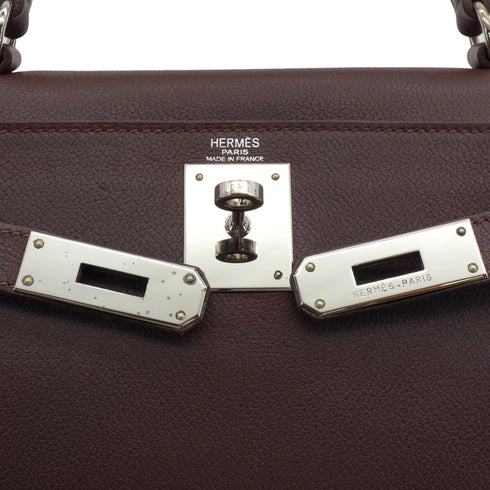 HERMES KELLY 28 RETOURNE HAVANE EVERGRAIN HAND SHOULDER BAG 2005 SQUARE I PALLADIUM HARDWARE 90351060