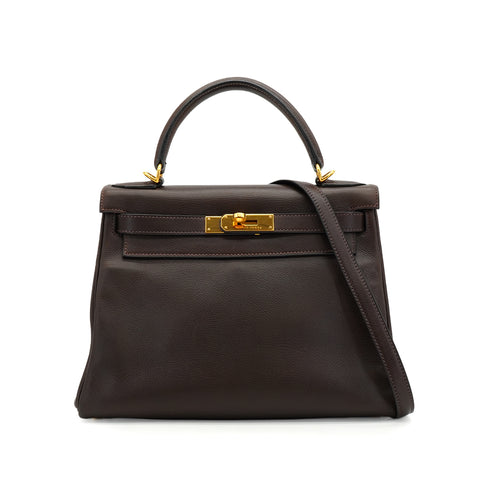 HERMES KELLY 28 RETOURNE HAVANE VEAU GULLIVER HAND SHOULDER BAG 2001 SQUARE H GOLD HARDWARE 90344455