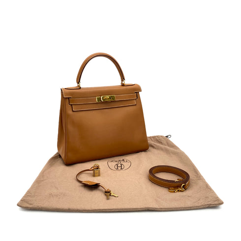 HERMES KELLY 28 RETOURNE NATUREL BOXCALF HAND SHOULDER BAG 1994 CIRCLE X GOLD HARDWARE 90324283