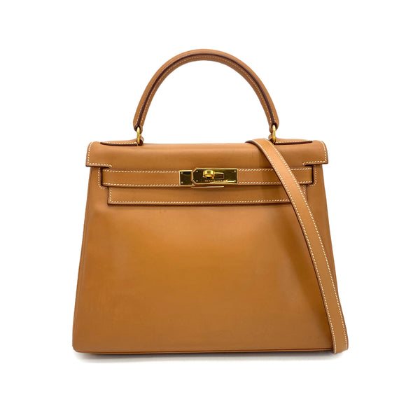 HERMES KELLY 28 RETOURNE NATUREL BOXCALF HAND SHOULDER BAG 1994 CIRCLE X GOLD HARDWARE 90324283