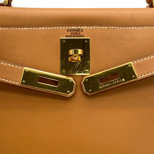 HERMES KELLY 28 RETOURNE NATUREL BOXCALF HAND SHOULDER BAG 1994 CIRCLE X GOLD HARDWARE 90324283
