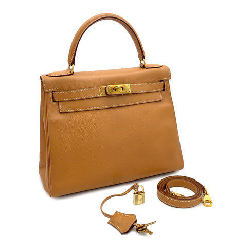 HERMES KELLY 28 RETOURNE NATUREL COUCHEVEL HAND SHOULDER BAG 1994 CIRCLE X GOLD HARDWARE 90319584