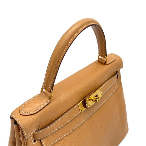 HERMES KELLY 28 RETOURNE NATUREL COUCHEVEL HAND SHOULDER BAG 1994 CIRCLE X GOLD HARDWARE 90319584