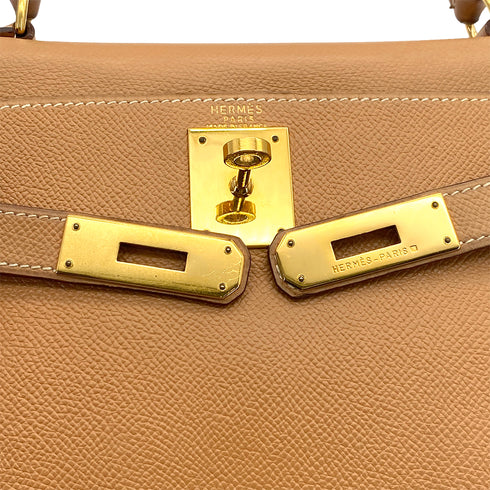 HERMES KELLY 28 RETOURNE NATUREL COUCHEVEL HAND SHOULDER BAG 1994 CIRCLE X GOLD HARDWARE 90319584