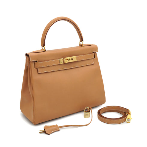 HERMES KELLY 28 RETOURNE NATUREL COUCHEVEL HAND SHOULDER BAG 1998 SQUARE B GOLD HARDWARE 90330997
