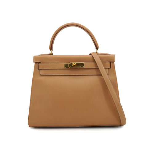 HERMES KELLY 28 RETOURNE NATUREL COUCHEVEL HAND SHOULDER BAG 1998 SQUARE B GOLD HARDWARE 90330997
