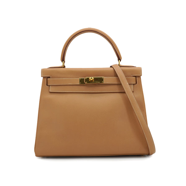 HERMES KELLY 28 RETOURNE NATUREL COUCHEVEL HAND SHOULDER BAG 1998 SQUARE B GOLD HARDWARE 90330997