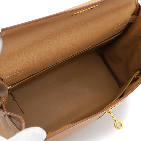 HERMES KELLY 28 RETOURNE NATUREL COUCHEVEL HAND SHOULDER BAG 1998 SQUARE B GOLD HARDWARE 90330997