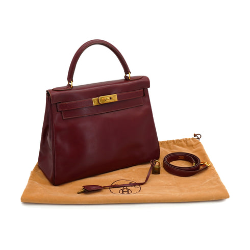 HERMES KELLY 28 RETOURNE ROUGE H BOXCALF HAND SHOULDER BAG 1991 CIRCLE U GOLD HARDWARE 90326657