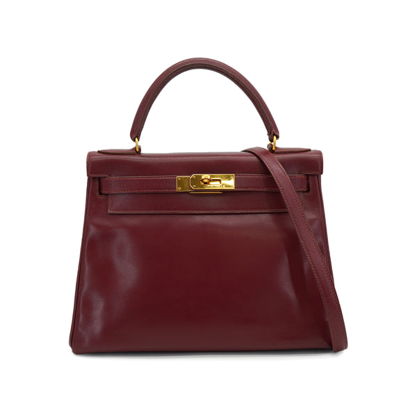 HERMES KELLY 28 RETOURNE ROUGE H BOXCALF HAND SHOULDER BAG 1991 CIRCLE U GOLD HARDWARE 90326657