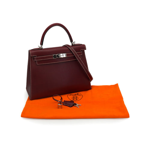 HERMES KELLY 28 RETOURNE ROUGE H LISSE HAND BAG 2002 SQUARE F SILVER HARDWARE 90344356