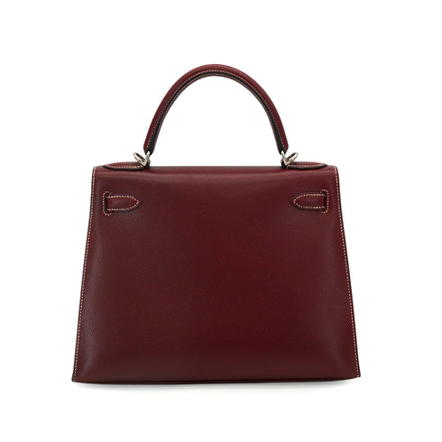 HERMES KELLY 28 RETOURNE ROUGE H LISSE HAND BAG 2002 SQUARE F SILVER HARDWARE 90344356