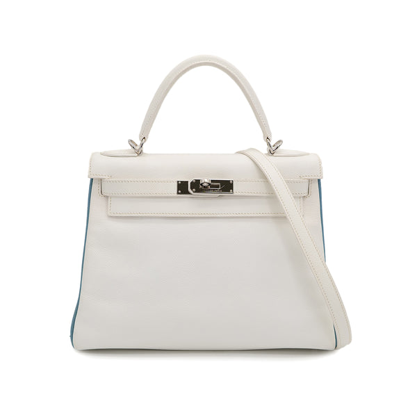 HERMES KELLY 28 RETOURNE WHITE BLEU JEAN VEAU EPSOM HAND SHOULDER BAG 2006 SQUARE J PALLADIUM HARDWARE 90324843