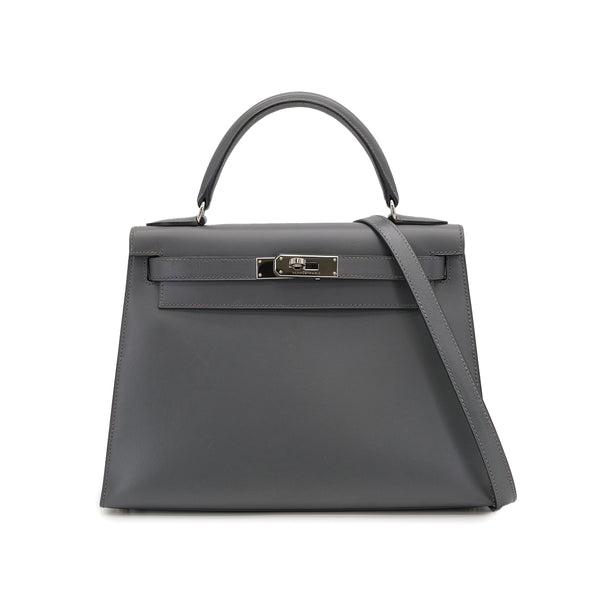 HERMES KELLY 28 SELLIER ARDOISE BOXCALF HAND SHOULDER BAG 1999 SQUARE C SILVER HARDWARE 90325595