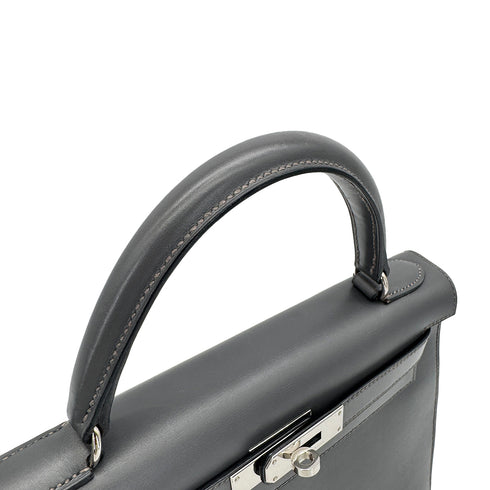 HERMES KELLY 28 SELLIER ARDOISE BOXCALF HAND SHOULDER BAG 1999 SQUARE C SILVER HARDWARE 90325595