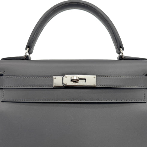 HERMES KELLY 28 SELLIER ARDOISE BOXCALF HAND SHOULDER BAG 1999 SQUARE C SILVER HARDWARE 90325595