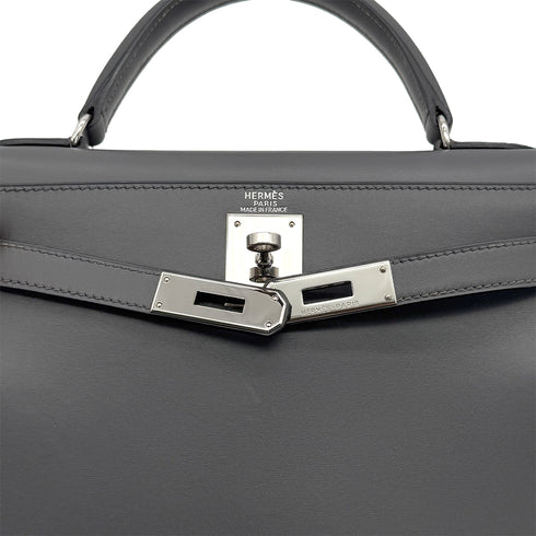 HERMES KELLY 28 SELLIER ARDOISE BOXCALF HAND SHOULDER BAG 1999 SQUARE C SILVER HARDWARE 90325595