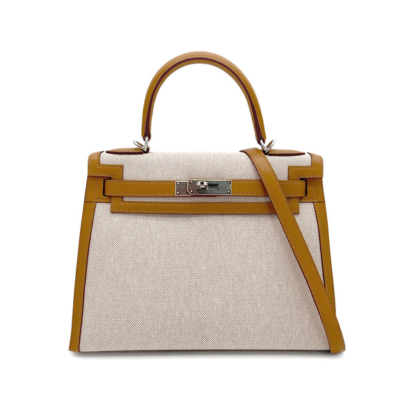HERMES KELLY 28 SELLIER BISCUIT TOILE H VEAU SWIFT HAND SHOULDER BAG 2021 Z STAMP PALLADIUM HARDWARE 90327051