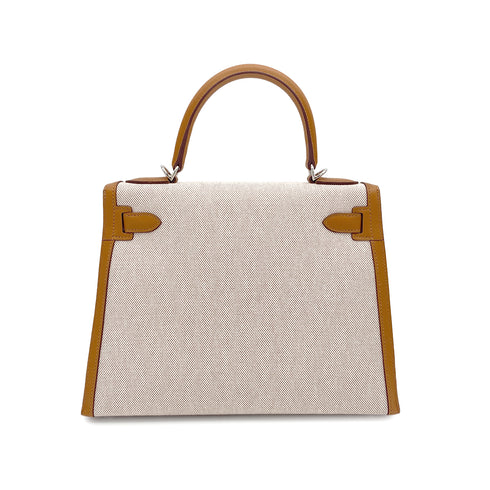 HERMES KELLY 28 SELLIER BISCUIT TOILE H VEAU SWIFT HAND SHOULDER BAG 2021 Z STAMP PALLADIUM HARDWARE 90327051