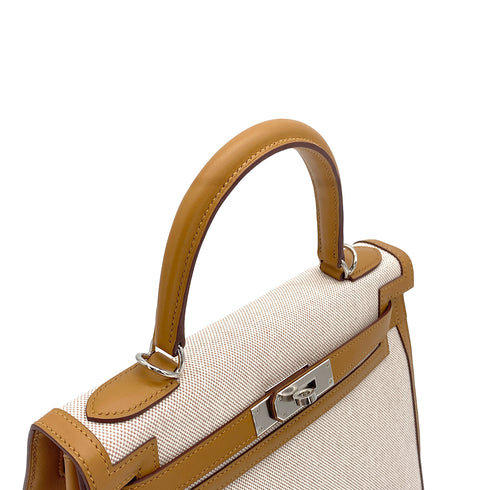 HERMES KELLY 28 SELLIER BISCUIT TOILE H VEAU SWIFT HAND SHOULDER BAG 2021 Z STAMP PALLADIUM HARDWARE 90327051