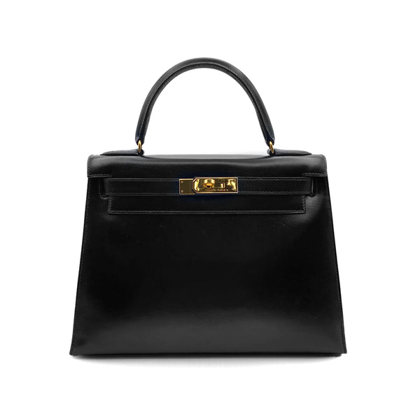 HERMES KELLY 28 SELLIER BLACK BOXCALF HAND BAG 1989 CIRCLE S GOLD HARDWRE 90314459