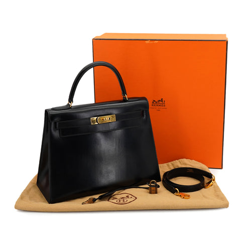 HERMES KELLY 28 SELLIER BLACK BOXCALF HAND SHOULDER BAG 1981 CIRCLE K GOLD HARDWRE 90326676