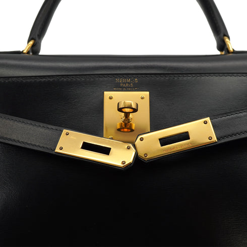 HERMES KELLY 28 SELLIER BLACK BOXCALF HAND SHOULDER BAG 1981 CIRCLE K GOLD HARDWRE 90326676