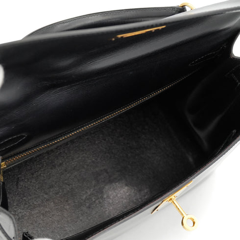 HERMES KELLY 28 SELLIER BLACK BOXCALF HAND SHOULDER BAG 1981 CIRCLE K GOLD HARDWRE 90326676