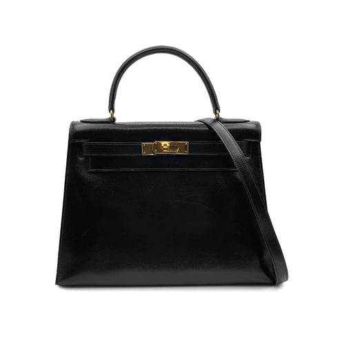 HERMES KELLY 28 SELLIER BLACK BOXCALF HAND SHOULDER BAG 1985 CIRCLE O GOLD HARDWRE 90315004