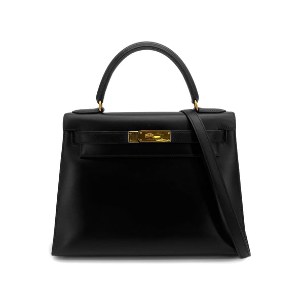 HERMES KELLY 28 SELLIER BLACK BOXCALF HAND SHOULDER BAG 1994 CIRCLE X GOLD HARDWARE 90317900