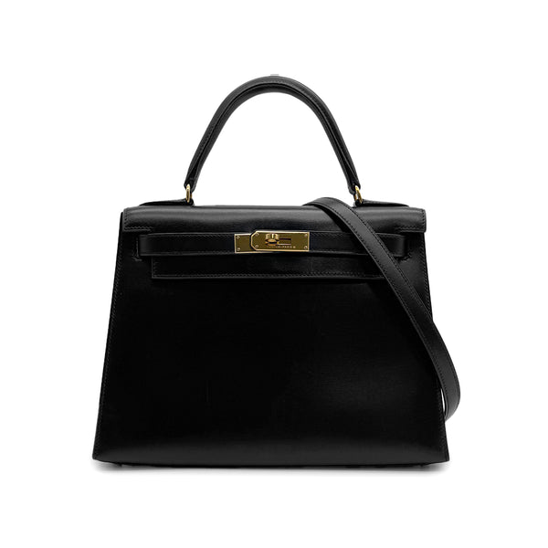 HERMES KELLY 28 SELLIER BLACK BOXCALF HAND SHOULDER BAG 1996 CIRCLE Z GOLD HARDWRE 90317720