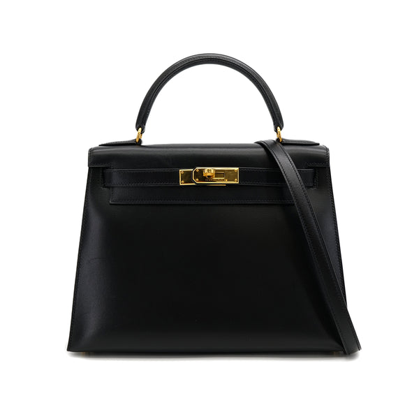 HERMES KELLY 28 SELLIER BLACK BOXCALF HAND SHOULDER BAG 1999 SQUARE C GOLD HARDWARE 90318200
