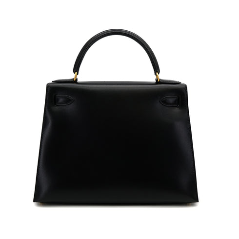 HERMES KELLY 28 SELLIER BLACK BOXCALF HAND SHOULDER BAG 1999 SQUARE C GOLD HARDWARE 90318200