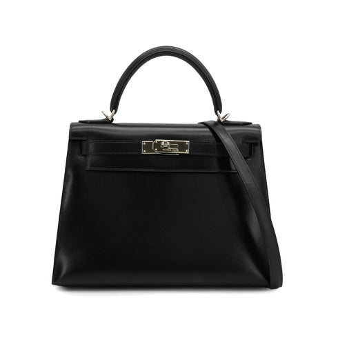 HERMES KELLY 28 SELLIER BLACK BOXCALF HAND SHOULDER BAG 2002 SQUARE F PALLADIUM HARDWARE 90336791