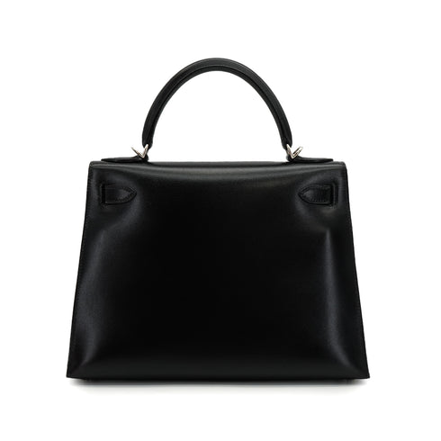 HERMES KELLY 28 SELLIER BLACK BOXCALF HAND SHOULDER BAG 2002 SQUARE F PALLADIUM HARDWARE 90336791