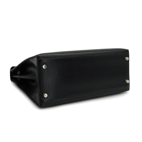 HERMES KELLY 28 SELLIER BLACK BOXCALF HAND SHOULDER BAG 2002 SQUARE F PALLADIUM HARDWARE 90336791