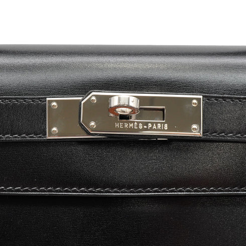 HERMES KELLY 28 SELLIER BLACK BOXCALF HAND SHOULDER BAG 2002 SQUARE F PALLADIUM HARDWARE 90336791