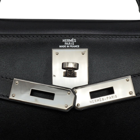 HERMES KELLY 28 SELLIER BLACK BOXCALF HAND SHOULDER BAG 2002 SQUARE F PALLADIUM HARDWARE 90336791