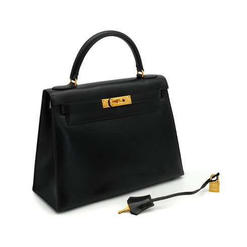 HERMES KELLY 28 SELLIER BLACK BOX CALF HAND BAG 1978 CIRCLE H GOLD HARDWARE 90341424